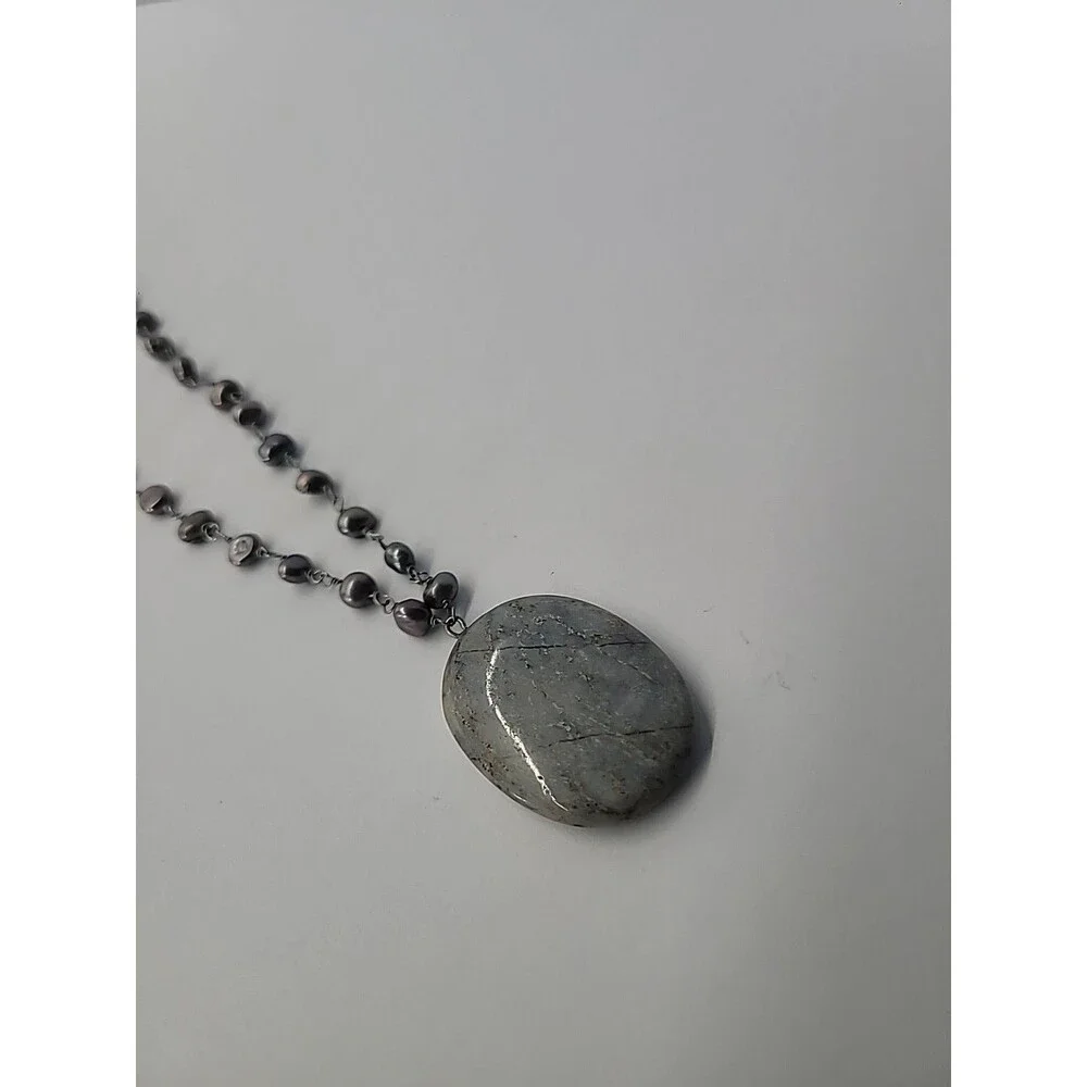 Vintage Silver Tone Beaded Necklace Gray Oval Natural Stone Pendant Boho Artisan - Picture 10 of 11